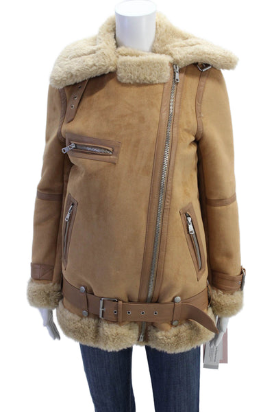 Avec Les Filles Womens Bonded Faux Shearling Biker Jacket - Toffee Size XXS
