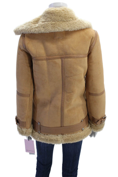 Avec Les Filles Womens Bonded Faux Shearling Biker Jacket - Toffee Size XXS