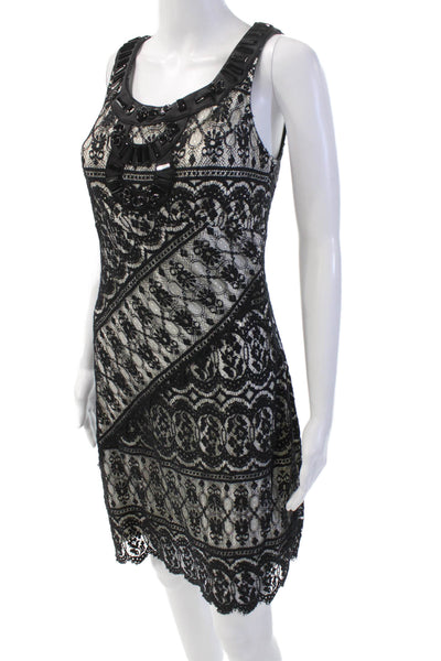 Hale Bob Womens Cotton Embroidered Lace Gem Round Neck Dress Black Size S