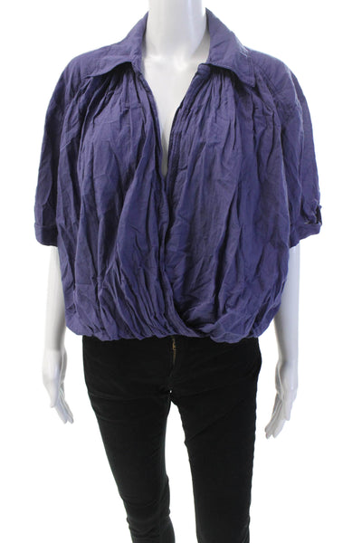 We The Free Womens Cotton Deep V-Neck Rouched Cropped Blouse Blue Size M