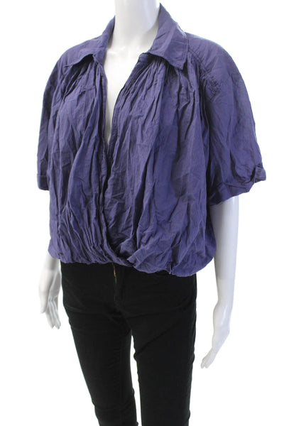 We The Free Womens Cotton Deep V-Neck Rouched Cropped Blouse Blue Size M