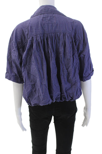 We The Free Womens Cotton Deep V-Neck Rouched Cropped Blouse Blue Size M