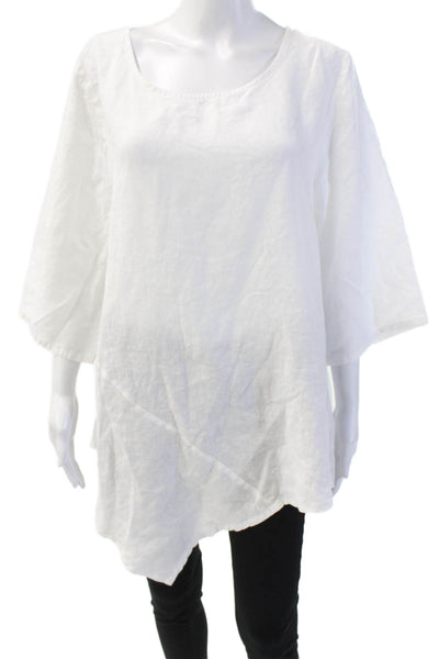 For Cynthia Womens Linen Short Sleeve Asymmetrical Hem Blouse White Size L