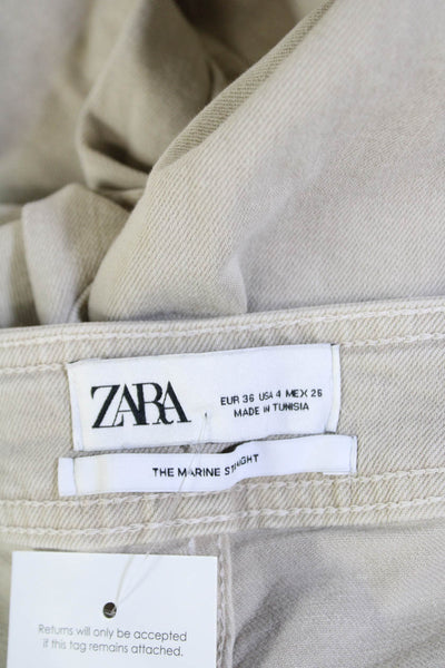 Zara Womens Cotton High Waisted Wide Legged Casual Jeans Beige Size 4