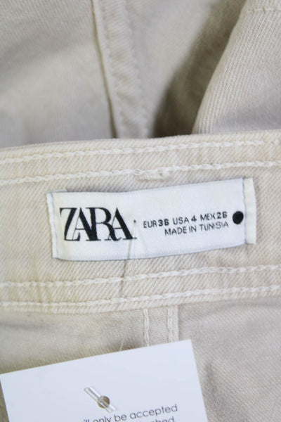 Zara Womens Cotton Back Pocketed Wide Legged Distressed Ankle Jeans Beige Size 4