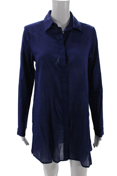 Samson Womens Button Front Long Sleeve Collared Mini Shirt Dress Blue Size Small