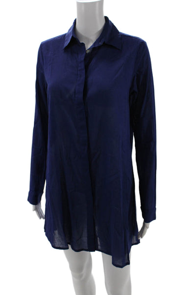 Samson Womens Button Front Long Sleeve Collared Mini Shirt Dress Blue Size Small
