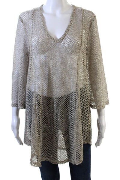Elif For Jordan Taylor Womens V-Neck Long Sleeve Pullover Knit Top Taupe Size M