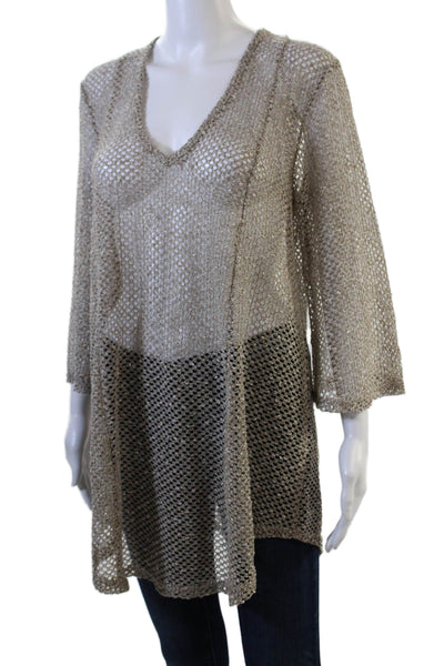 Elif For Jordan Taylor Womens V-Neck Long Sleeve Pullover Knit Top Taupe Size M