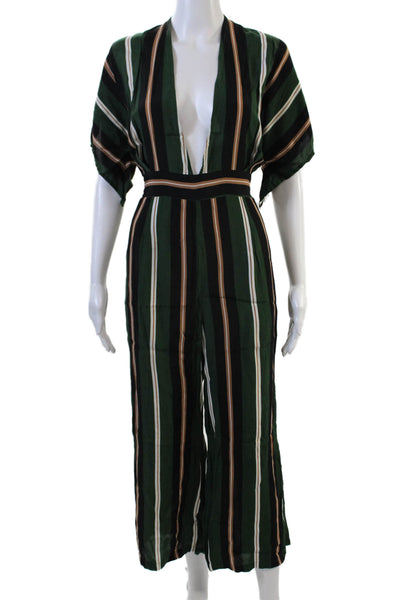 Faithfull Womens Back Zip Short Sleeve V Neck Striped Jumpsuit Green Size 8