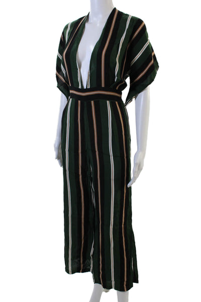 Faithfull Womens Back Zip Short Sleeve V Neck Striped Jumpsuit Green Size 8