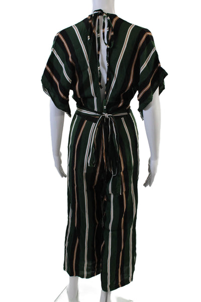 Faithfull Womens Back Zip Short Sleeve V Neck Striped Jumpsuit Green Size 8