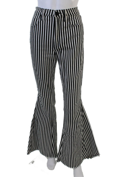Mumu Blue Womens High Rise Striped Fringe Flare Leg Jeans White Black Size 27