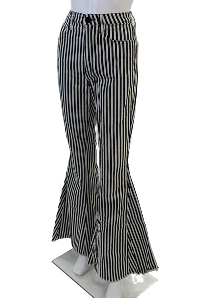 Mumu Blue Womens High Rise Striped Fringe Flare Leg Jeans White Black Size 27