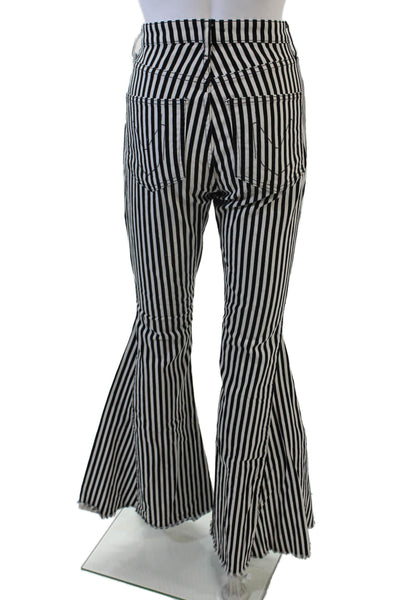 Mumu Blue Womens High Rise Striped Fringe Flare Leg Jeans White Black Size 27