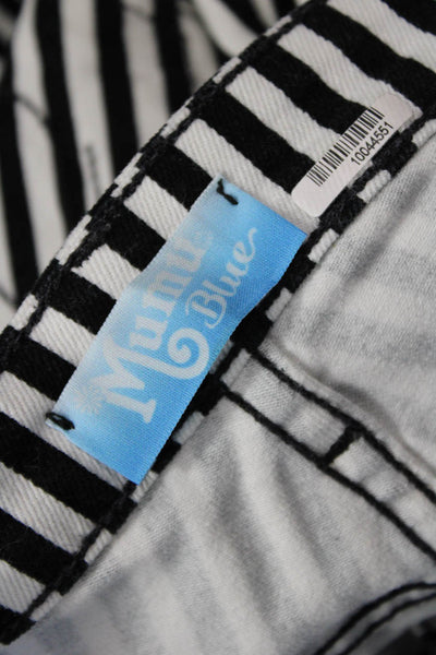 Mumu Blue Womens High Rise Striped Fringe Flare Leg Jeans White Black Size 27