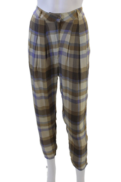 Flynn Skye Womens Zipper Fly Mid Rise Plaid Cropped Pants Brown Purple Medium