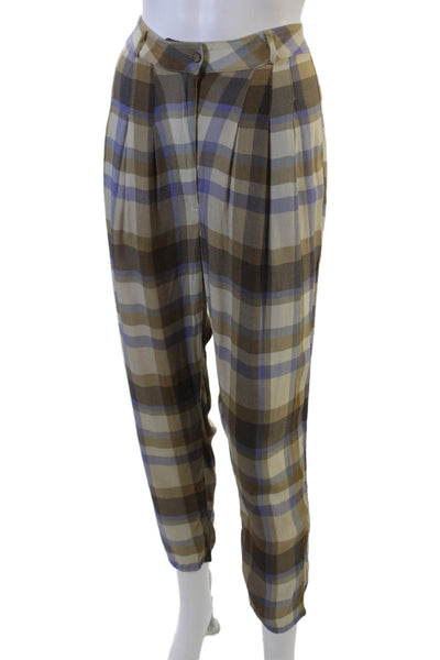 Flynn Skye Womens Zipper Fly Mid Rise Plaid Cropped Pants Brown Purple Medium