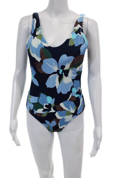 Athleta Womens Scoop Neck Floral Low Back One Piece Swimsuit Blue Size S
