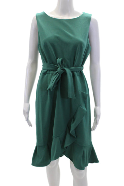 Calvin Klein Womens Sleeveless Ruffle Hem A-Line Belted Dress Green Size 10