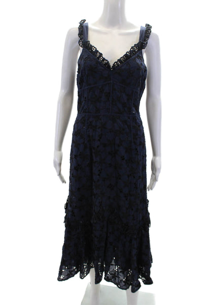 Rebecca Taylor Womens Sleeveless V Neck Floral Embroidered Dress Navy Size 12