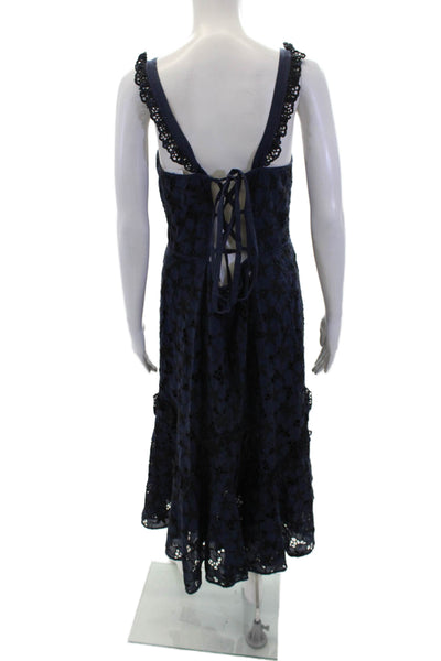 Rebecca Taylor Womens Sleeveless V Neck Floral Embroidered Dress Navy Size 12