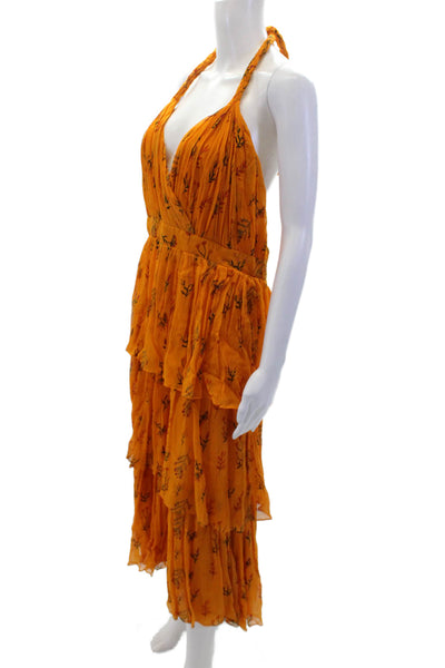 Guapa Womens Open Back Halter V Neck Floral Midi Dress Brown Size 12