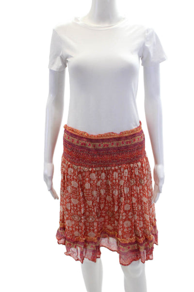 Anthropologie Womens Smocked Waistband Floral A Line Skirt Red White Size Large