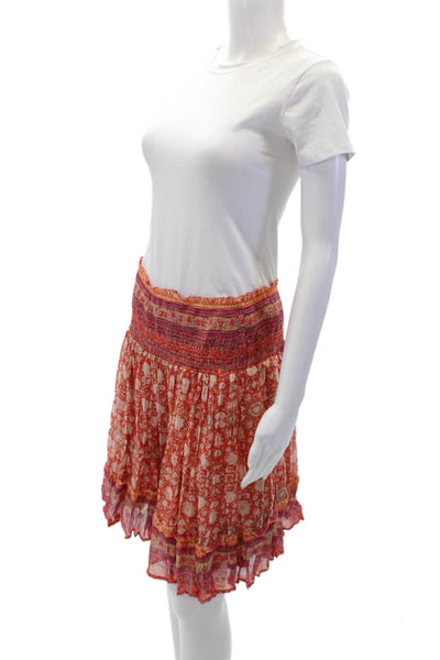Anthropologie Womens Smocked Waistband Floral A Line Skirt Red White Size Large