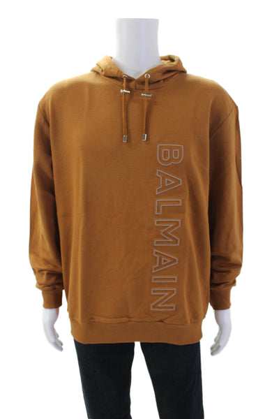 Balmain Men's Hood Long Sleeves Logo-Embossed Cotton Sweatshirt Brown Size S