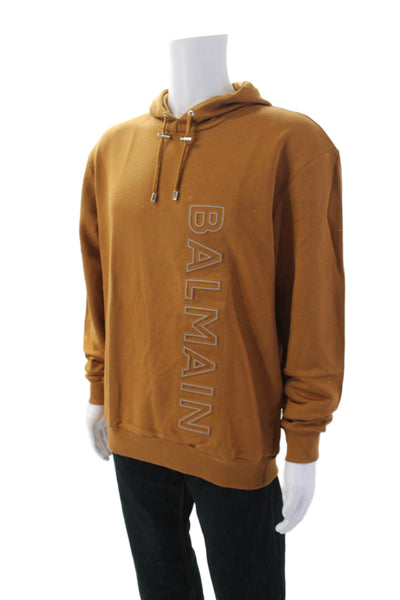 Balmain Men's Hood Long Sleeves Logo-Embossed Cotton Sweatshirt Brown Size S