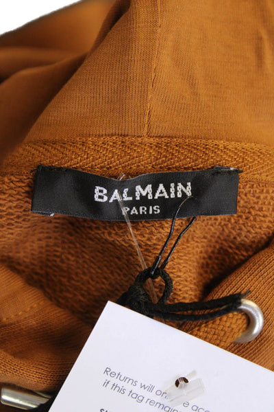 Balmain Men's Hood Long Sleeves Logo-Embossed Cotton Sweatshirt Brown Size S