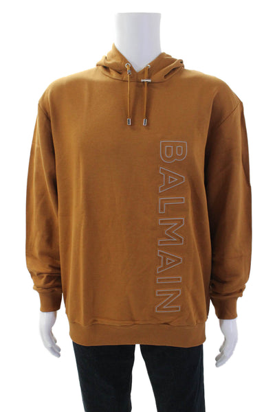Balmain Men's Long Sleeves Hood Logo-Embossed Cotton Sweatshirt Brown Size XL