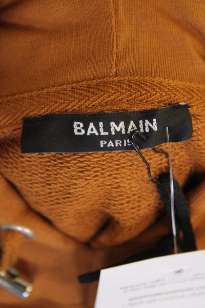 Balmain Men's Long Sleeves Hood Logo-Embossed Cotton Sweatshirt Brown Size XL