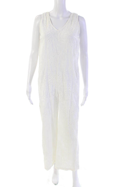 Zara Womens Cotton Floral Embroidered V-Neck Sleeveless Jumpsuit White Size S