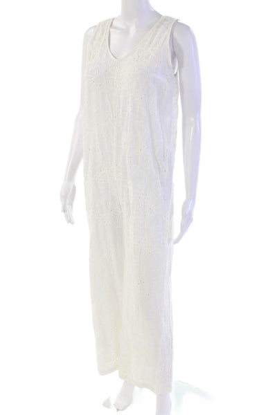 Zara Womens Cotton Floral Embroidered V-Neck Sleeveless Jumpsuit White Size S