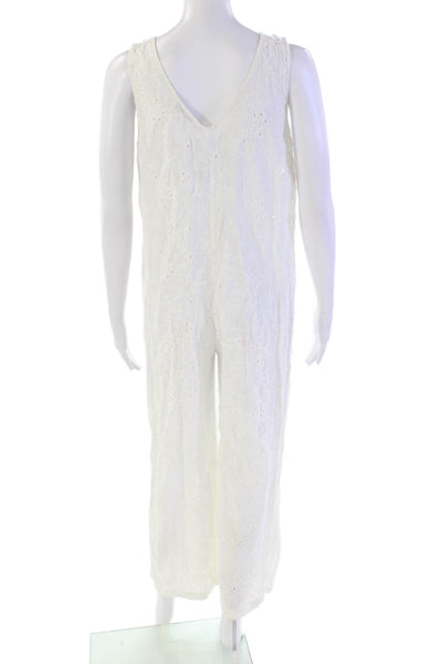 Zara Womens Cotton Floral Embroidered V-Neck Sleeveless Jumpsuit White Size S