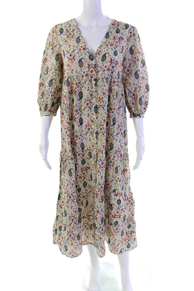 Zara Womens Cotton Peasant Sleeve V-Neck Tiered Maxi Dress Beige Size XS