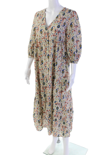 Zara Womens Cotton Peasant Sleeve V-Neck Tiered Maxi Dress Beige Size XS