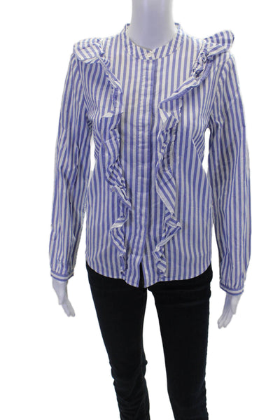 Madewell Womens Button Front Long Sleeve Ruffled Striped Top White Blue Medium
