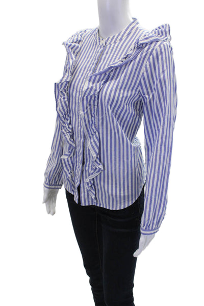 Madewell Womens Button Front Long Sleeve Ruffled Striped Top White Blue Medium
