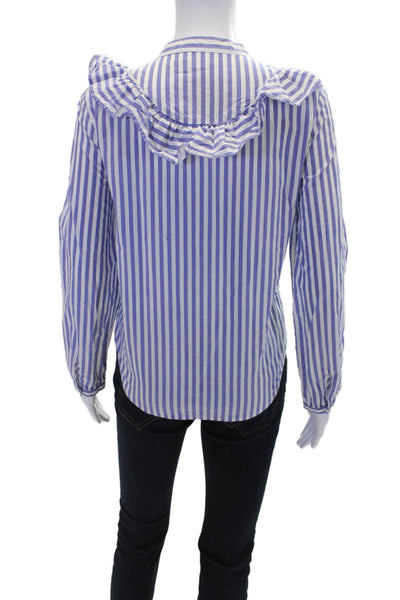 Madewell Womens Button Front Long Sleeve Ruffled Striped Top White Blue Medium