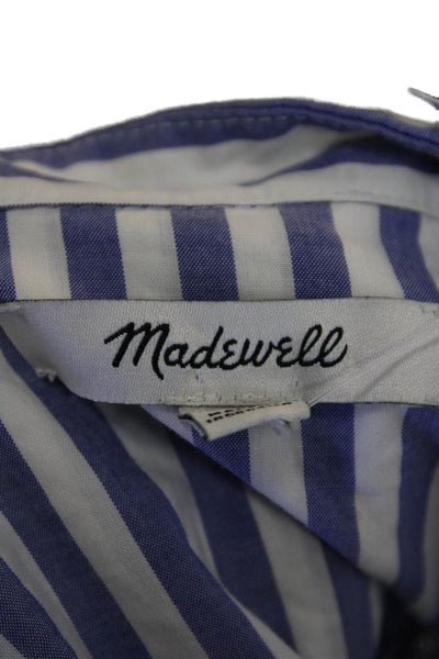 Madewell Womens Button Front Long Sleeve Ruffled Striped Top White Blue Medium