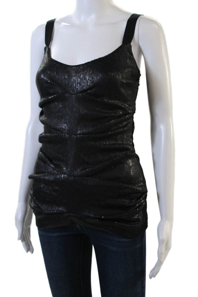 Nicole Miller Womens Back Zip Sleeveless V Neck Sequin Top Black Size Small