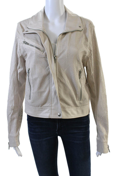 BLANKNYC Womens Front Zip Collared Laser Cut Faux Leather Jacket Brown Medium