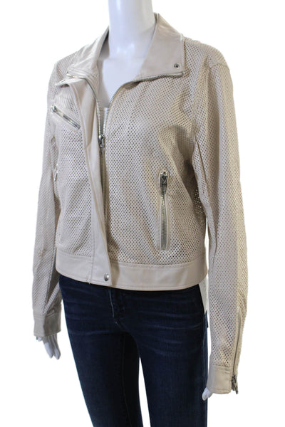 BLANKNYC Womens Front Zip Collared Laser Cut Faux Leather Jacket Brown Medium