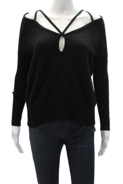 Roi Womens Cashmere Long Sleeve V Neck Strappy Knit Top Black Size XS