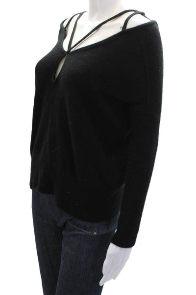Roi Womens Cashmere Long Sleeve V Neck Strappy Knit Top Black Size XS