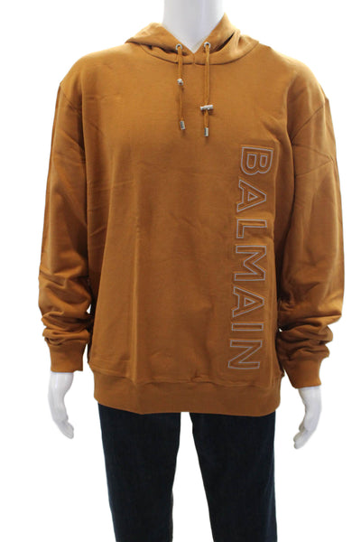 Balmain Mens Cotton Raised Logo Long Sleeve Drawstring Hoodie Brown Size M