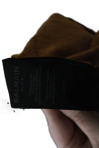 Balmain Mens Cotton Raised Logo Long Sleeve Drawstring Hoodie Brown Size M